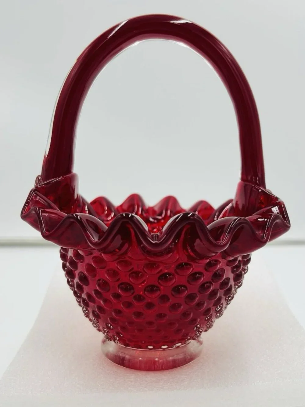 Vintage Fenton Ruby Red Hobnail Glass Basket 7.5
